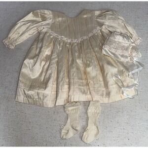 Vintage Pure Silk Delicate Elegance Christening Gown Dress Bonnet Socks Doll Set